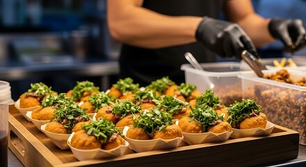 Chef preparing delicious arancini appetizer with fresh herbs for catering event or restaurant menu, showcasing culinary expertise and food presentation