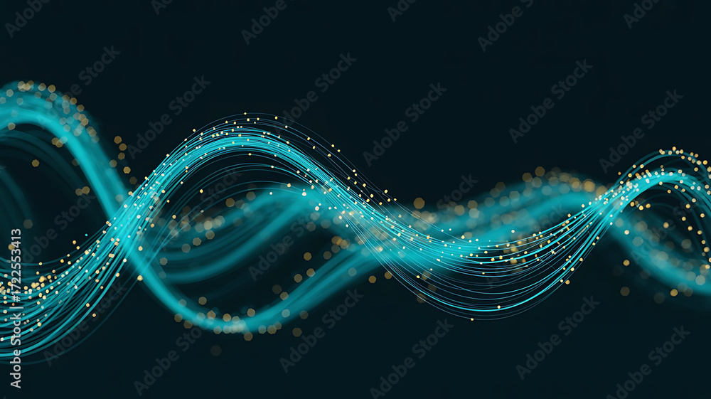 Poster abstract flowing turquoise wave of shimmering particles and light trails against a dark background