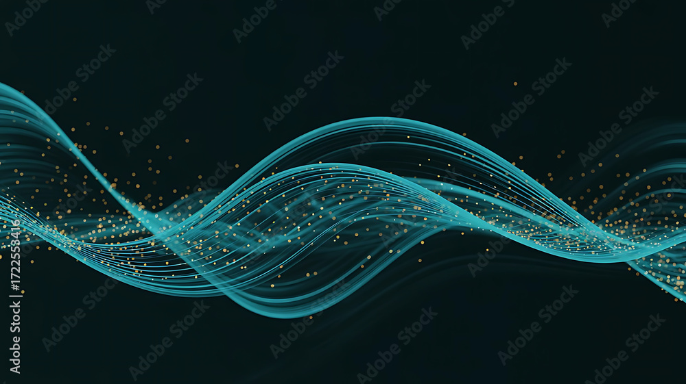 Poster abstract glowing turquoise wave pattern with intricate geometric connections on a dark background