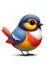 Cute cartoon blue bird with yellow and red chest, big eyes, and orange accents around eyes, isolated on white background