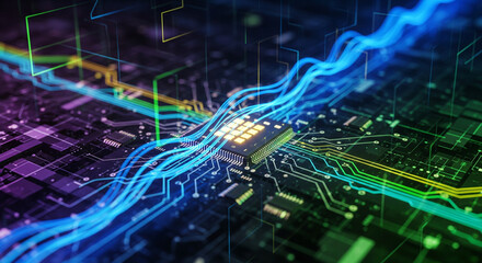 Dynamic digital data flow through glowing circuit board pathways with vibrant energy