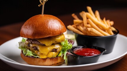 Juicy Beef Burger Topped with Melted Cheese, Grilled to a Golden Crisp—Every Bite Bursts with Rich, Savory Flavors, Boasting a Perfectly Seared Patty, Creamy Melted Cheese That Oozes With Each Bite