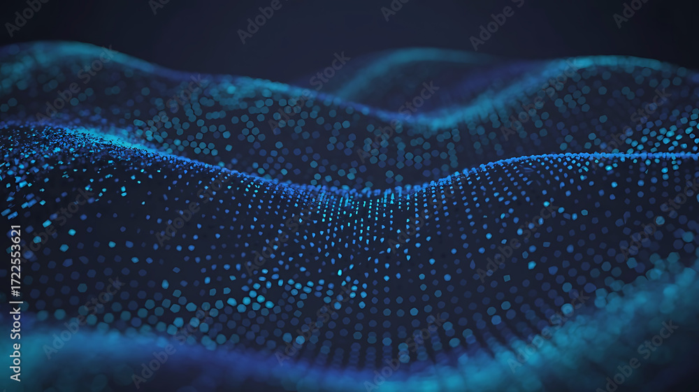 Poster abstract glowing blue digital wave patterns created from countless small particles on a dark backgro