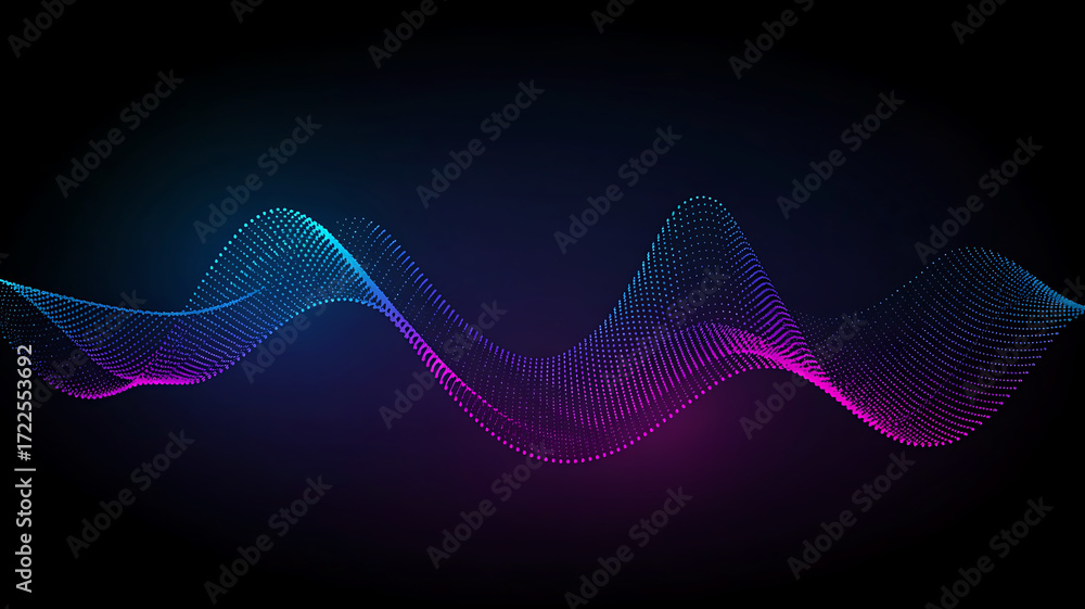 Poster abstract flowing wave of shimmering blue and purple particles creating a dynamic futuristic digital 