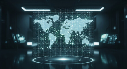 Dynamic global network visualization representing digital connections and data flow in a futuristic setting.