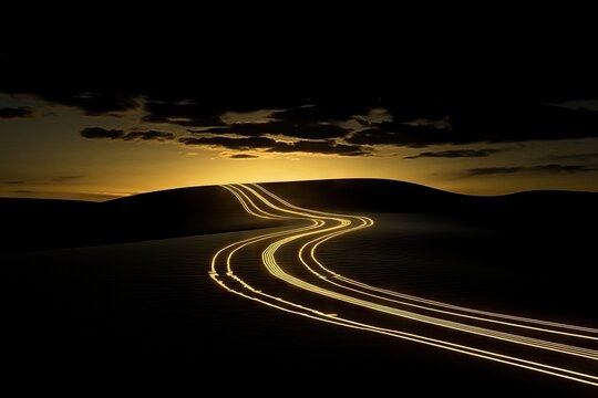A winding road stretches towards a setting sun, its path illuminated by streaks of light trails, against a dark, cloudy sky and rolling hills