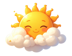 Winking Sun Character with Blue Sky Clouds 