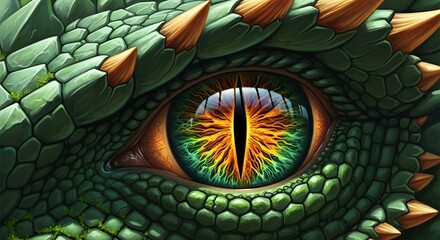Closeup of a vibrant, scaly green dragons eye with a fiery orange and green iris, showcasing intricate details of reptilian skin and sharp amber spikes