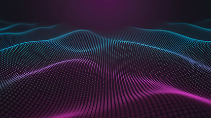 Abstract digital landscape of glowing particles forming a futuristic waveform in purple and teal tones