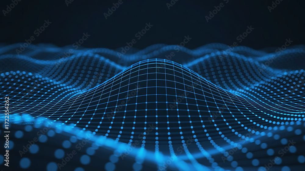 Poster abstract glowing blue digital network grid forming a futuristic undulating landscape with interconne