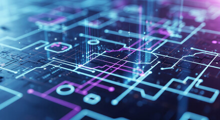 Dynamic abstract digital circuit board with glowing neon lines and data flow