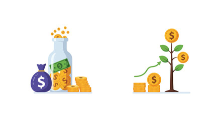 Financial growth illustrated with money a bottle and a growing plant