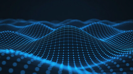 Abstract glowing blue digital network grid forming a futuristic undulating landscape with interconnected nodes