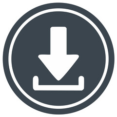 Digital download icon showing a downward arrow into a tray within a dark circle button graphic