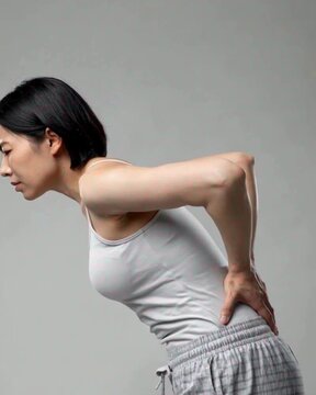 A woman in a tank top and pajama pants is standing sideways, holding her lower back, suggesting discomfort or pain. backache video