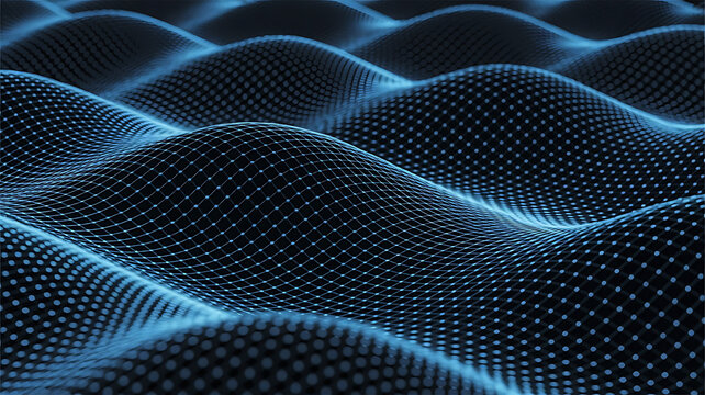 Abstract glowing blue digital wave pattern formed by countless tiny dots creating a futuristic science and technology background