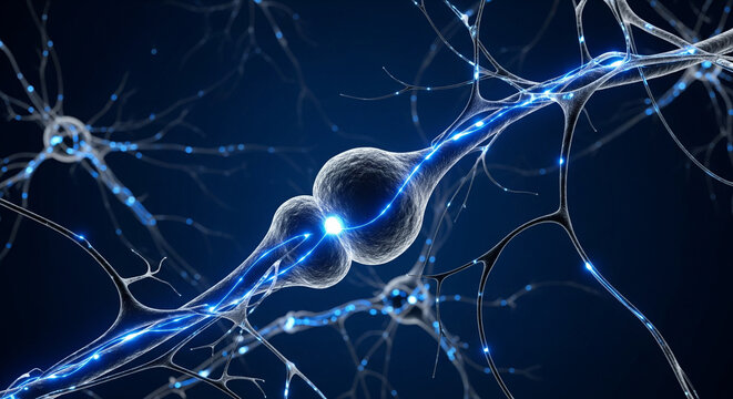 Dynamic neural network with electric blue impulses firing along synapses