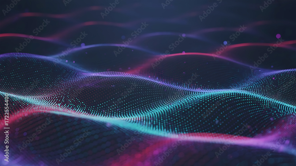 Poster abstract flowing digital waves of colorful particles creating a futuristic and technological backgro