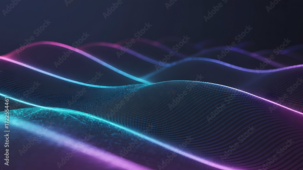 Poster abstract flowing neon light waves creating a futuristic digital landscape with a dark background
