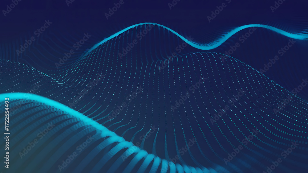 Poster abstract glowing blue waves and lines flow over a dark digital landscape with tiny illuminated dots