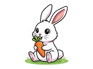 Cute cartoon bunny eating carrot isolated on white. Funny rabbit holding carrot. Front view. Vector illustration.