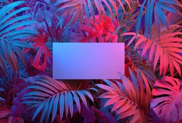 Blank rectangular frame amidst vibrant tropical foliage, bathed in neon hues