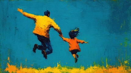Joyful father and child jumping and holding hands