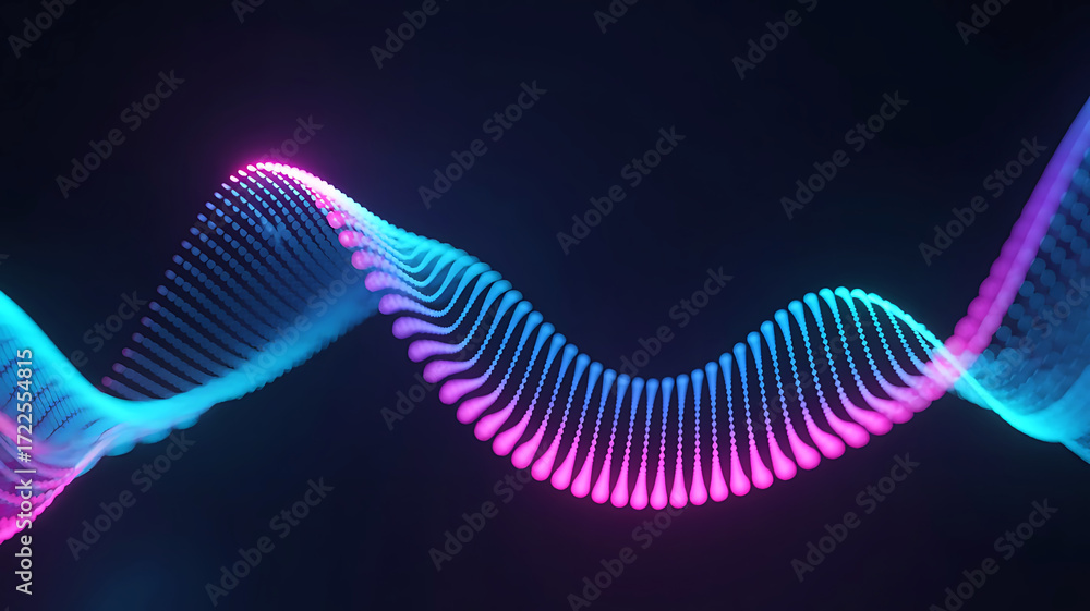 Poster abstract glowing neon wave of digital particles flowing smoothly on a dark background with vibrant b