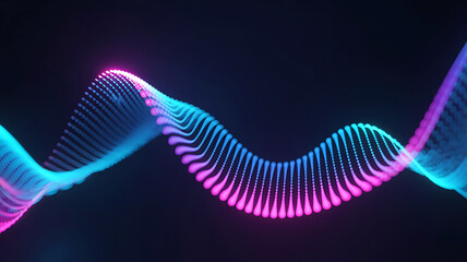 Abstract glowing neon wave of digital particles flowing smoothly on a dark background with vibrant blue and pink colors
