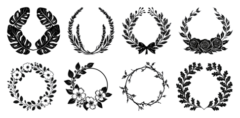 PNG Elegant black floral wreaths collection, element set on transparent background