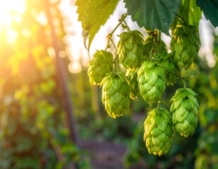 Hops clusters in a field at sunset