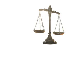 Wooden Desk with Scales of Justice and Fountain Pen