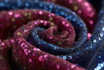 Fototapeta premium Close-up of a rolled fabric with swirling sequins in shades of pink and blue
