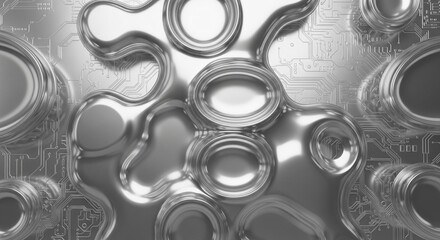 Futuristic metallic liquid flowing over intricate circuit board pattern, abstract technology concept
