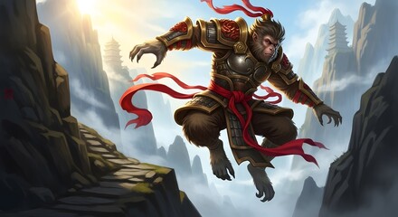 Warrior monkey king in ornate armor leaps through misty mountains with red sashes flowing, a mythical chinese legend character