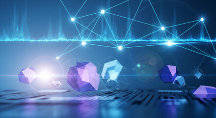 Dynamic abstract digital network connecting geometric shapes over futuristic circuit board