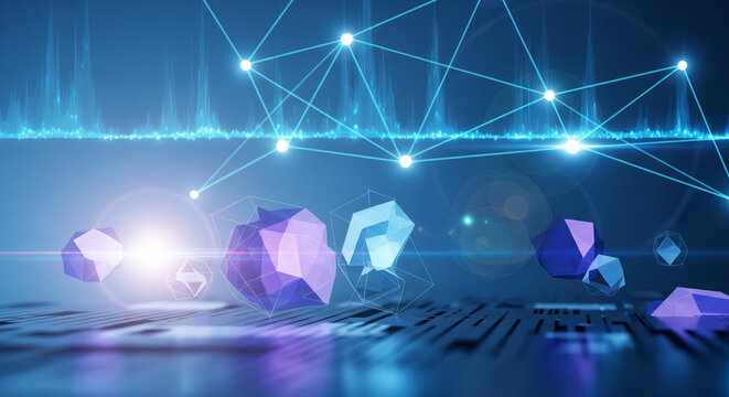 Dynamic abstract digital network connecting geometric shapes over futuristic circuit board