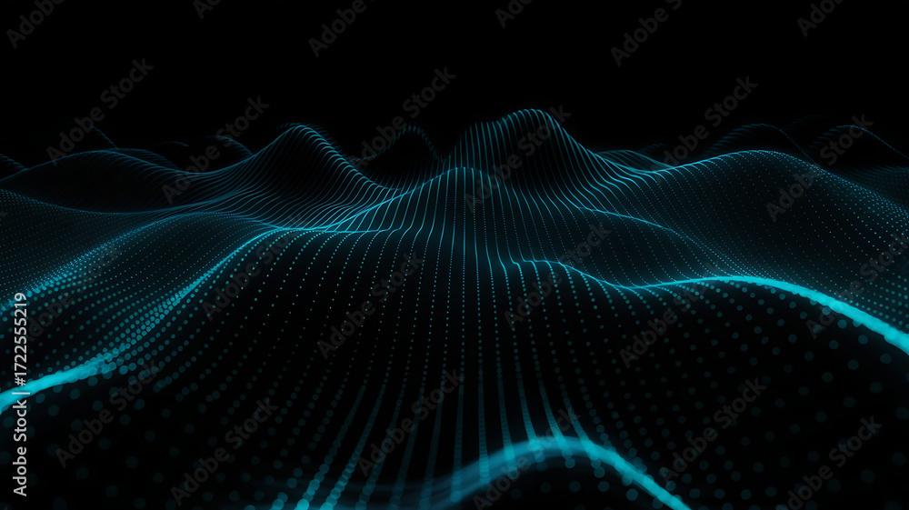 Poster abstract glowing digital landscape with undulating waves of blue light particles on a dark backgroun