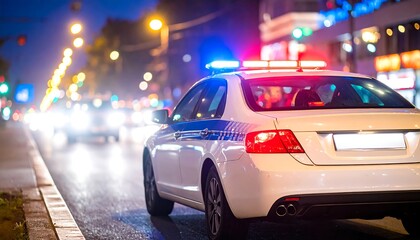 A nighttime scene shows a police vehicle with flashing lights driving down a city street. Other cars blurred in the background