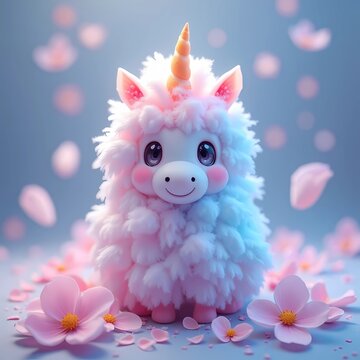 cute fluffy unicorn with Sakura petals