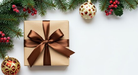 Wrapped Gift Box with Brown Ribbon Surrounded by Holiday Decorations and Greenery on a White Background