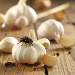 Garlic heads on wooden table