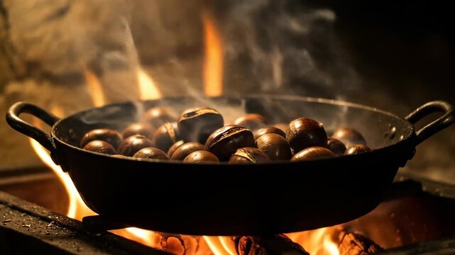 Roasted chestnuts cooking over an open fire. Warm, cozy, and inviting scene.