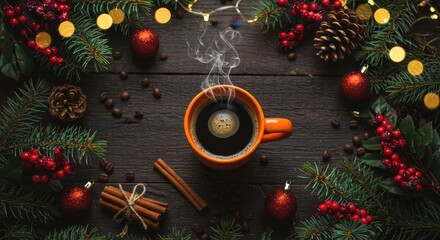Cozy Christmas Coffee Scene with Oranges, Cinnamon Sticks, Pine Cones, and Festive Decorations on Wooden Table