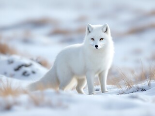 Naklejka premium A stunning Arctic fox with thick white fur standing on a snowy tundra in winter light, surrounded by dry grass and distant hills, symbolizing wildlife and arctic nature