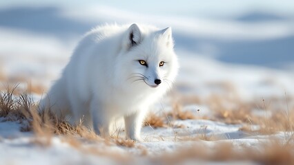 A stunning Arctic fox with thick white fur standing on a snowy tundra in winter light, surrounded by dry grass and distant hills, symbolizing wildlife and arctic nature