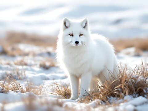 A stunning Arctic fox with thick white fur standing on a snowy tundra in winter light, surrounded by dry grass and distant hills, symbolizing wildlife and arctic nature - Powered by Adobe