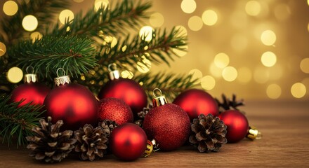 Beautiful Close-Up of Red Christmas Ornaments, Pine Cones, and Green Pine Branches on Soft Bokeh Background for Holiday Decor