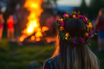 Naklejka premium Midsummer bonfire, dancing.
