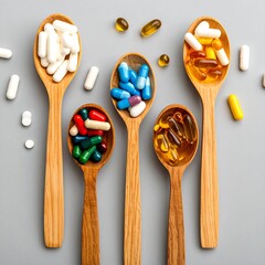 Assorted pills in wooden spoons